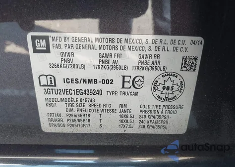 2014 GMC Sierra 1500 Slt из США, поврежденный, VIN 3GTU2VEC1EG439240